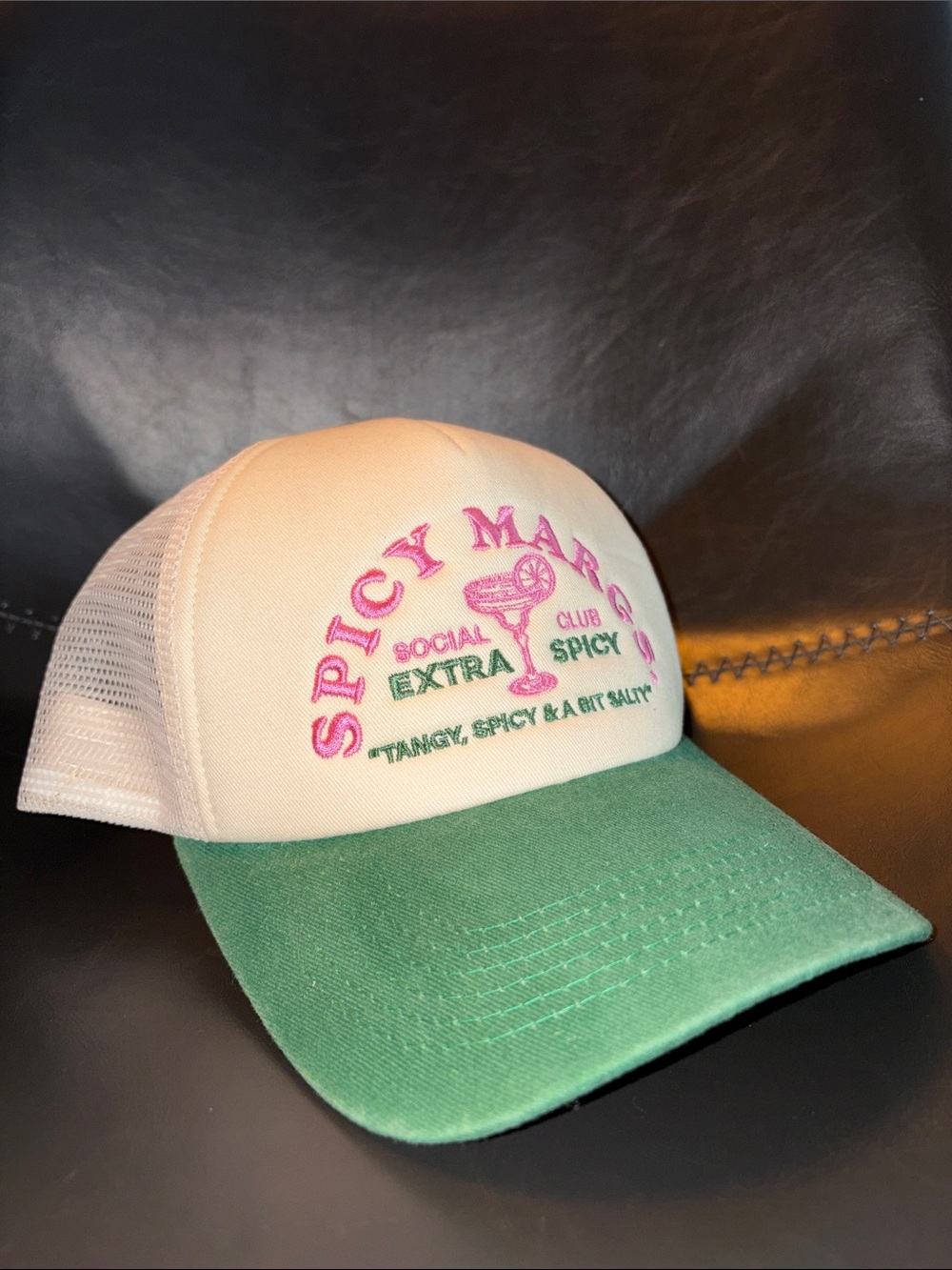 WORN/WEST Spicy Margs Social Club Trucker Hat Beige Green Pink Embroidered